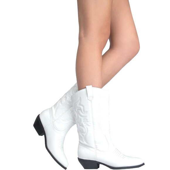 Women Polyurethane White Mid Calf Low Heel Pointed Toe Cowgirl Western Boot - Picture 7 of 9